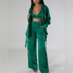 The Sang Wide-Leg Satin Cargo Pants Top & Bra Set Jumpsuit Outfit